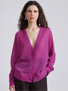 Apiece Apart softest tissue weight cardigan fuchsia pink cashmere silk